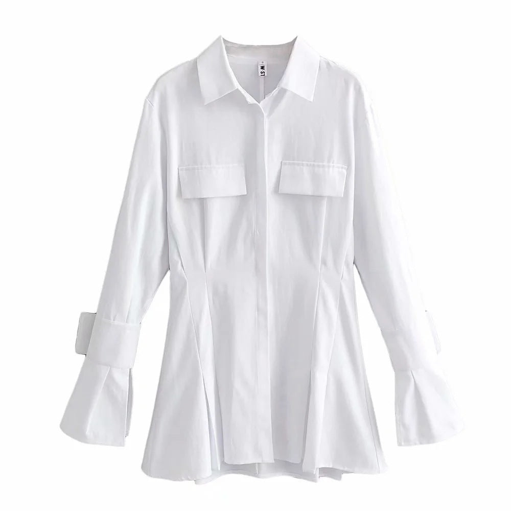 Pile Collar Single-breasted Shirred Frill Shirts Mini Dresses