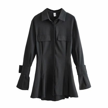 Pile Collar Single-breasted Shirred Frill Shirts Mini Dresses