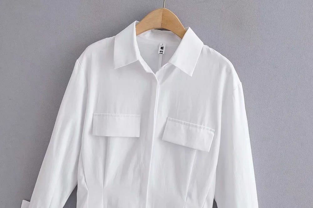 Pile Collar Single-breasted Shirred Frill Shirts Mini Dresses