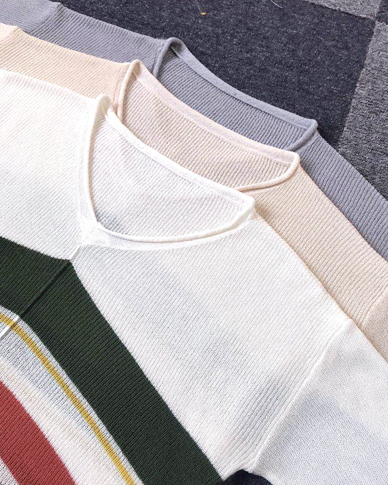V-neck Contrast Stripe Knitted Beach Sweater Pullover