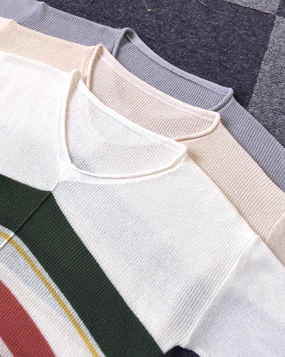 V-neck Contrast Stripe Knitted Beach Sweater Pullover