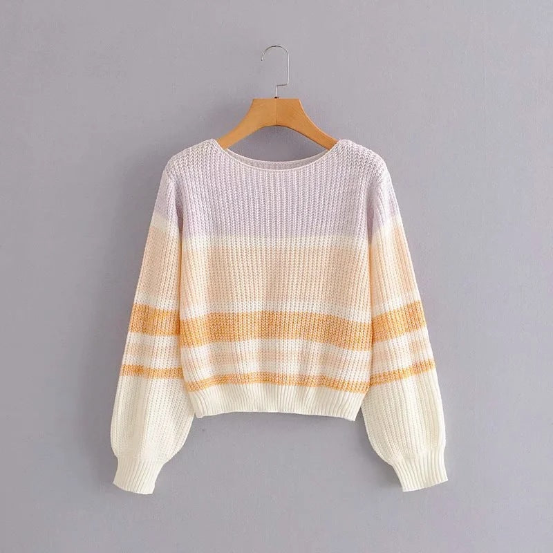 Lantern Sleeve Contrast Stripe Knitting Sweater
