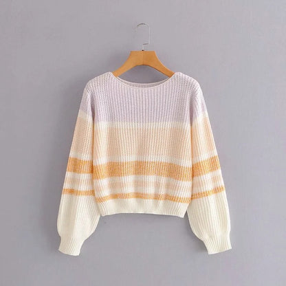 Lantern Sleeve Contrast Stripe Knitting Sweater