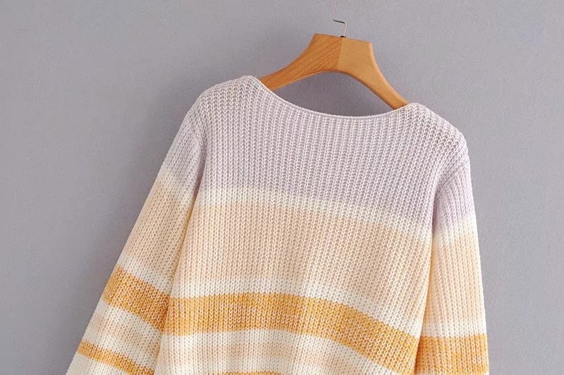 Lantern Sleeve Contrast Stripe Knitting Sweater