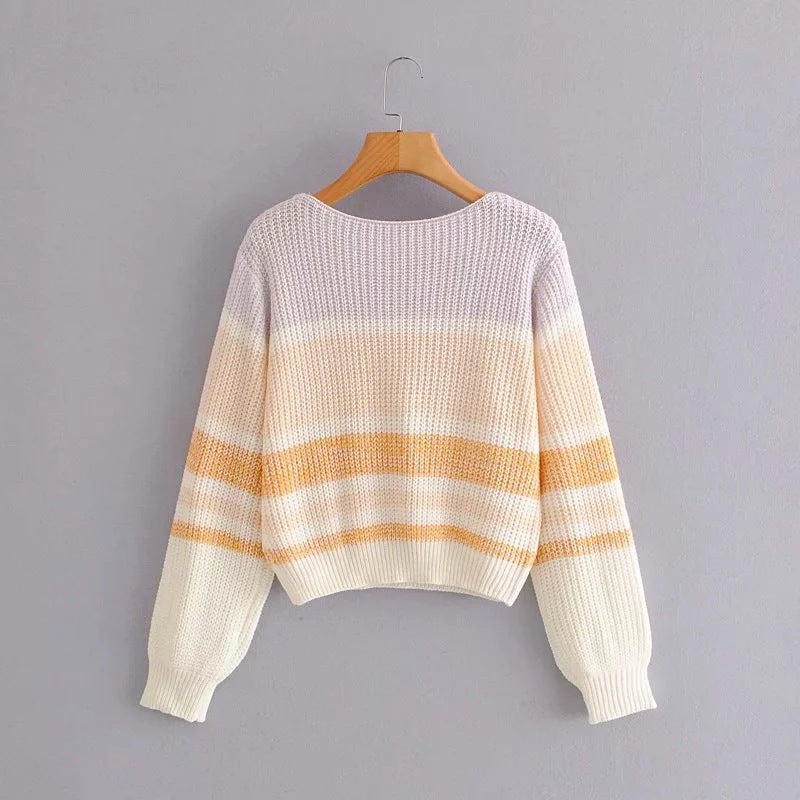 Lantern Sleeve Contrast Stripe Knitting Sweater