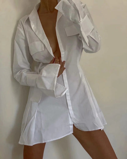 Pile Collar Single-breasted Shirred Frill Shirts Mini Dresses