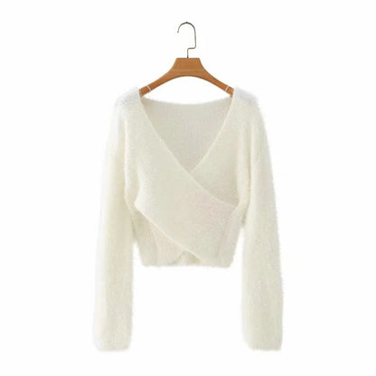 White Cross Collar Short Knit Sweater