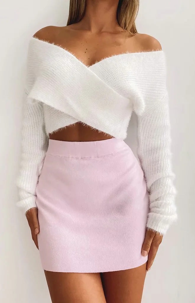 White Cross Collar Short Knit Sweater