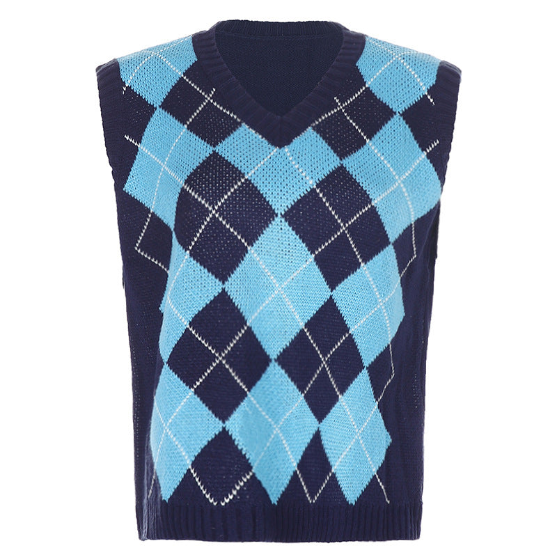 Blue Lattice V-neck Knitting Vest Sweater