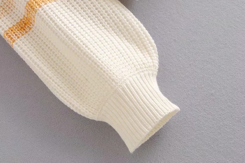 Lantern Sleeve Contrast Stripe Knitting Sweater