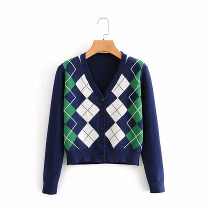 Lozenge Single-breasted Knitting Cardigan Sweaters