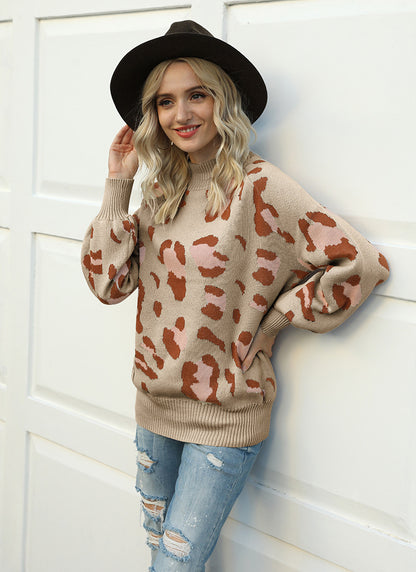 Leopard Print Lantern Sleeve Knit Sweaters