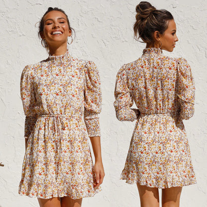 Retro Floral Bubble Sleeves Elastic Waist Mini Dresses