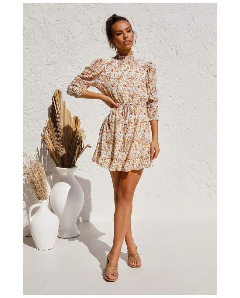 Retro Floral Bubble Sleeves Elastic Waist Mini Dresses