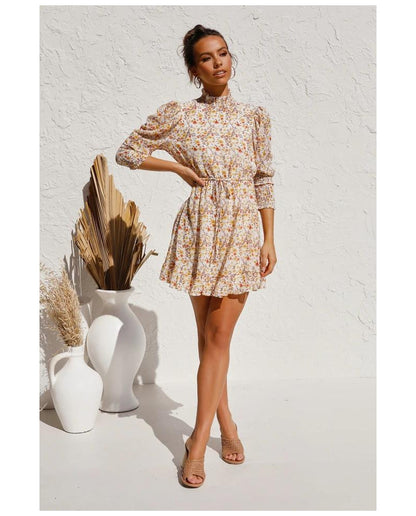 Retro Floral Bubble Sleeves Elastic Waist Mini Dresses