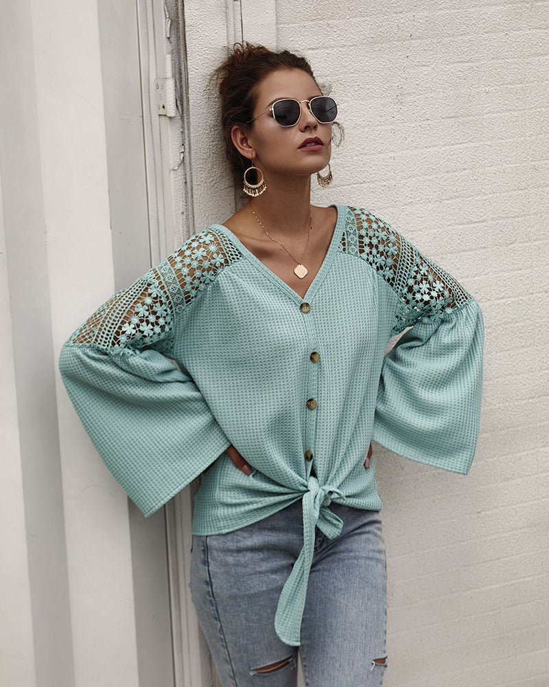 Multicolor Long Sleeve Lace Shoulder Knitting Sweater