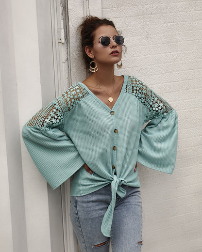 Multicolor Long Sleeve Lace Shoulder Knitting Sweater