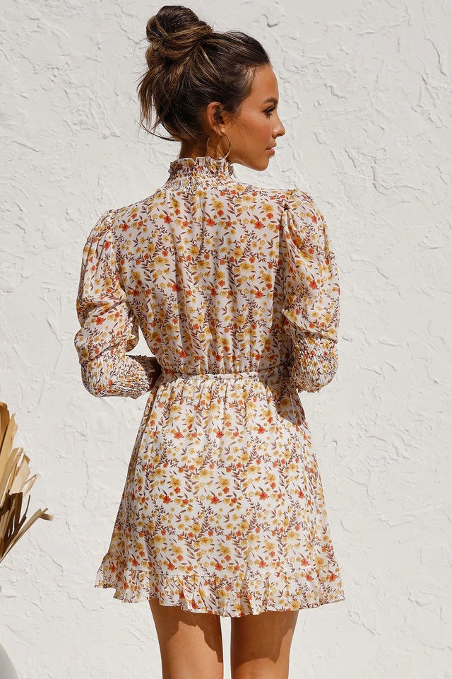 Retro Floral Bubble Sleeves Elastic Waist Mini Dresses