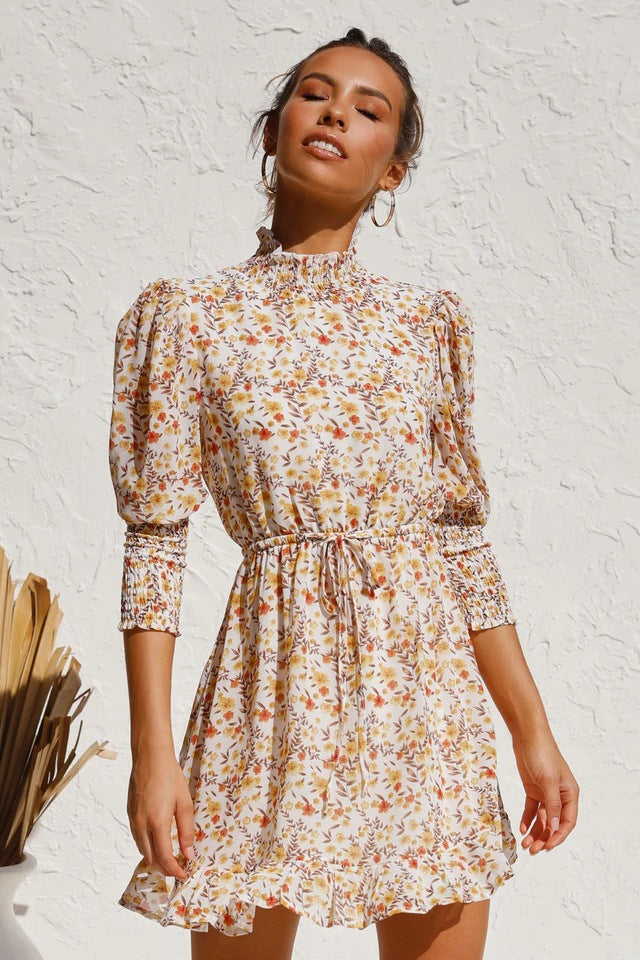 Retro Floral Bubble Sleeves Elastic Waist Mini Dresses