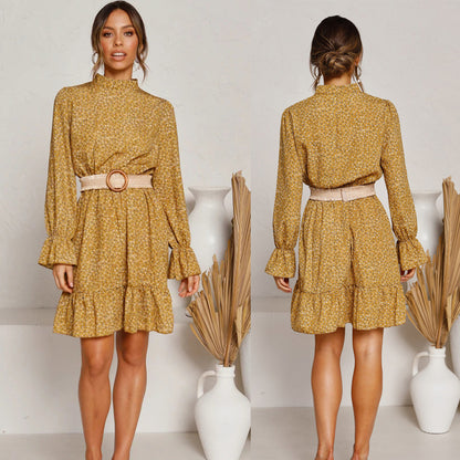 Round Neck Ruffles Floral Long Sleeves Mini Dresses