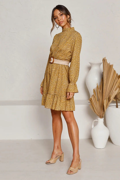 Round Neck Ruffles Floral Long Sleeves Mini Dresses