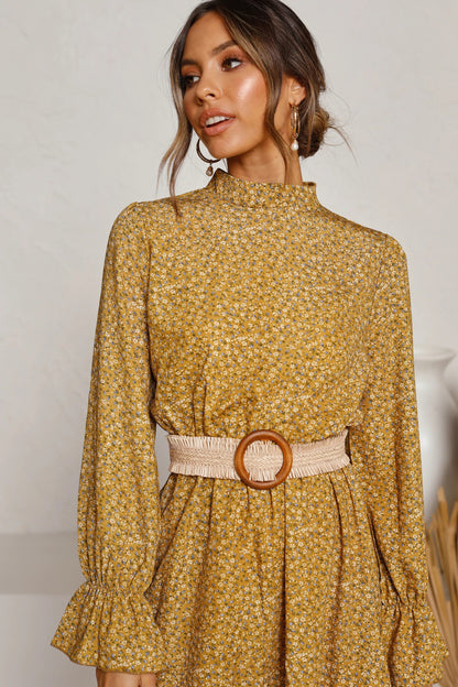 Round Neck Ruffles Floral Long Sleeves Mini Dresses
