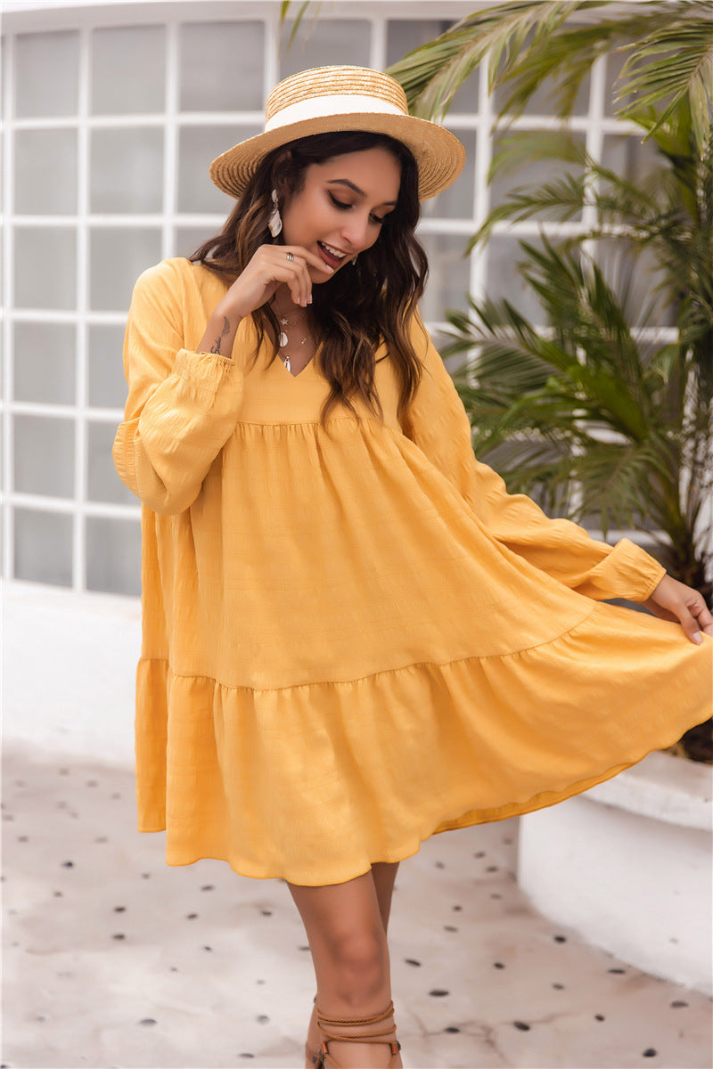 Yellow V-neck Bubble Sleeves Long Sleeves Mini Dresses