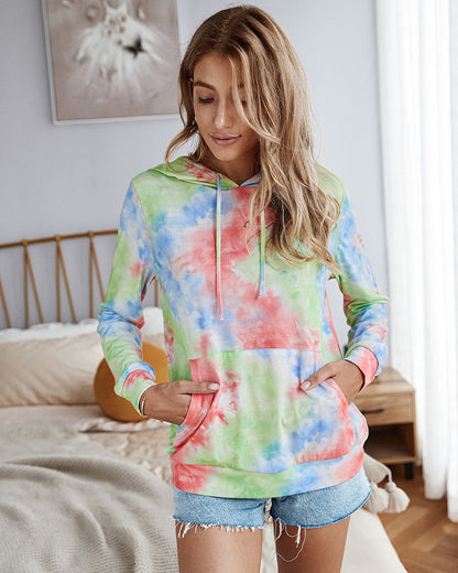 Casual Hooded Blouse Tie-dye Pocket Tops