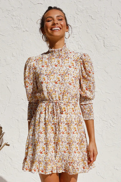 Retro Floral Bubble Sleeves Elastic Waist Mini Dresses