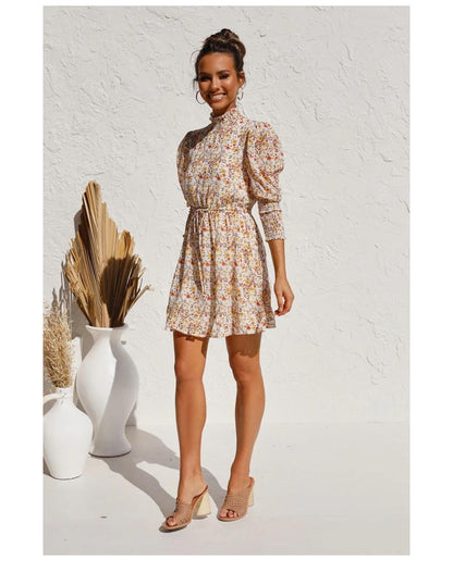 Retro Floral Bubble Sleeves Elastic Waist Mini Dresses