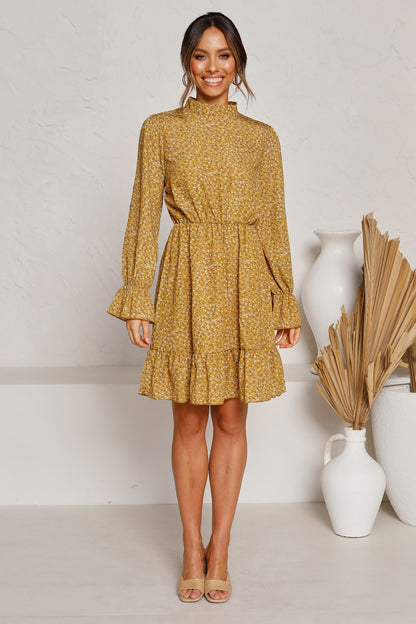 Round Neck Ruffles Floral Long Sleeves Mini Dresses