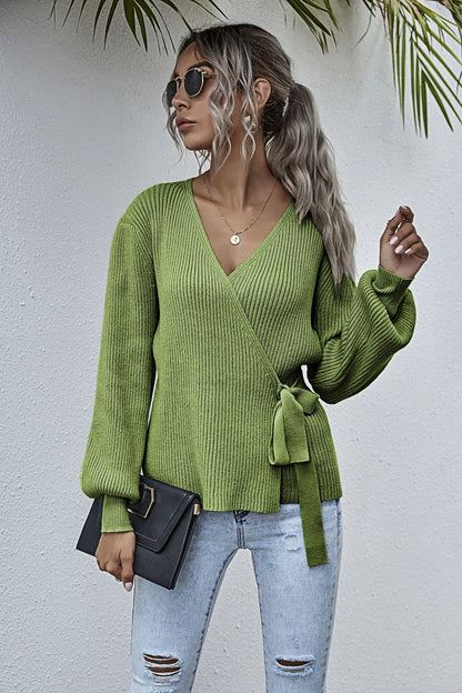 Lantern Sleeve Bow Tie V-neck Knit Sweaters Cardigans