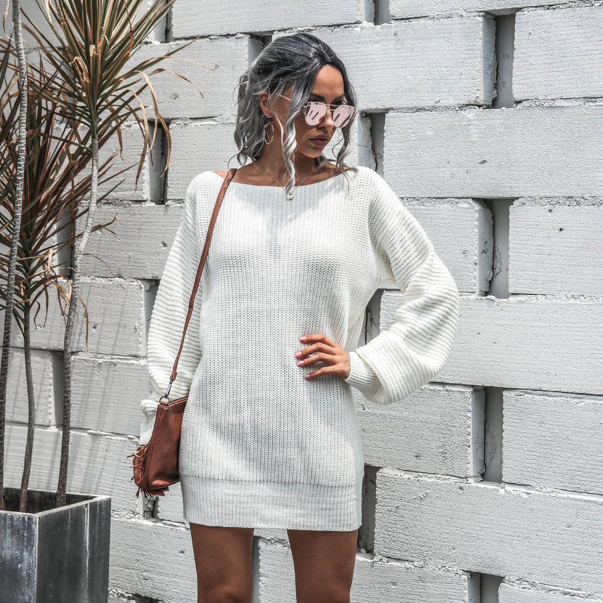 One Shoulder Lantern Sleeve Knit Sweater Mini Dresses