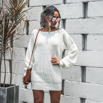 One Shoulder Lantern Sleeve Knit Sweater Mini Dresses