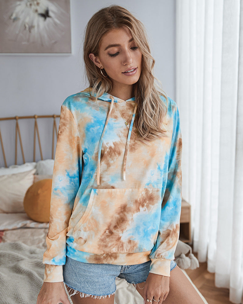 Casual Hooded Blouse Tie-dye Pocket Tops
