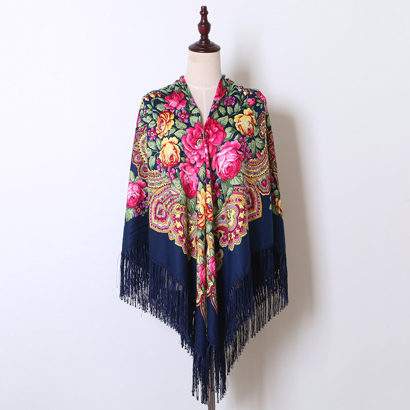 Ethnic Flower Print Square Scarf Shawl Fringed Scarves for Women Ladies Girls