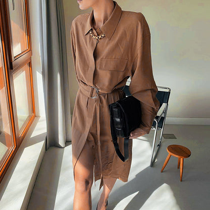 Lace-up Elastic Waist Coat Shirt Midi Dresses