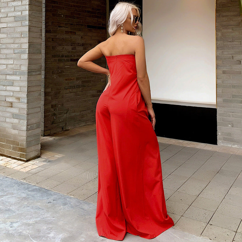 Tube Top Wide Leg Party Pocket Backless Zipper Jumpsuit Black