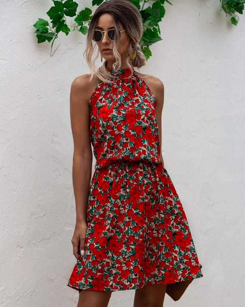 Floral Red Bohemian Boho Printed Hanging Neck Straps Mini Dresses