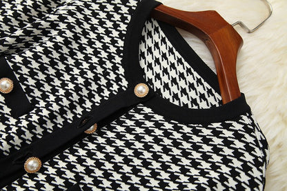 Classic Houndstooth Single-breasted Cardigan Vest Dress Two-piece Set