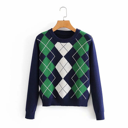 Diamond Lattice Contrast Knitting Sweater