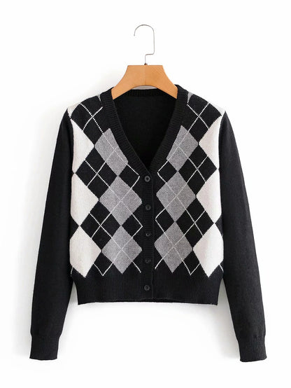 Lozenge Single-breasted Knitting Cardigan Sweaters