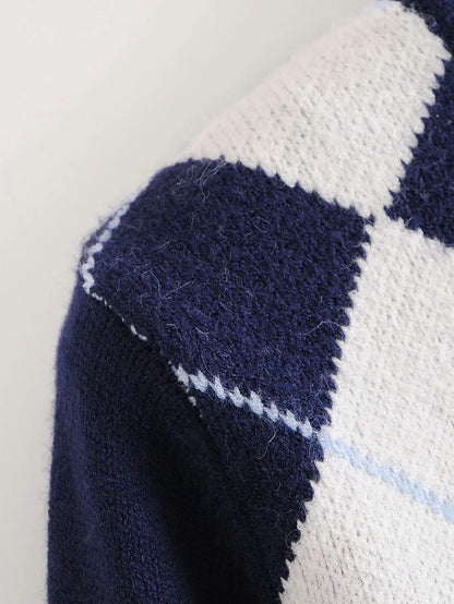 Diamond Lattice Contrast Knitting Sweater
