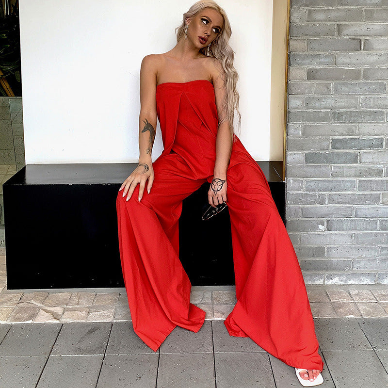Tube Top Wide Leg Party Pocket Backless Zipper Jumpsuit Black