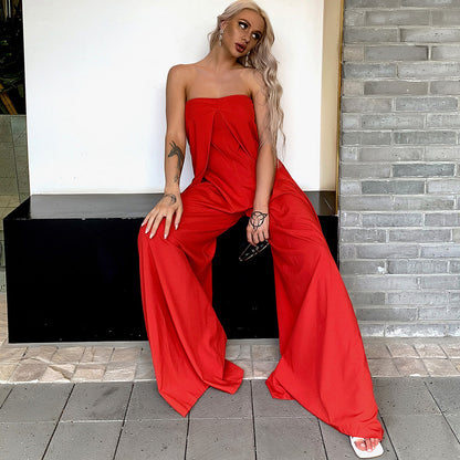 Tube Top Wide Leg Party Pocket Backless Zipper Jumpsuit Black