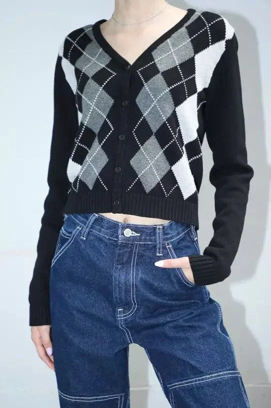 Lozenge Single-breasted Knitting Cardigan Sweaters