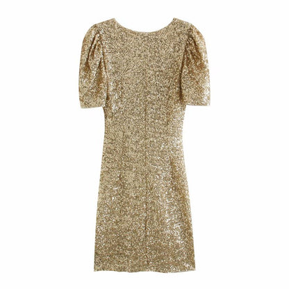 Sequins V-neck Pleated Elastic Waist Mini Dresses