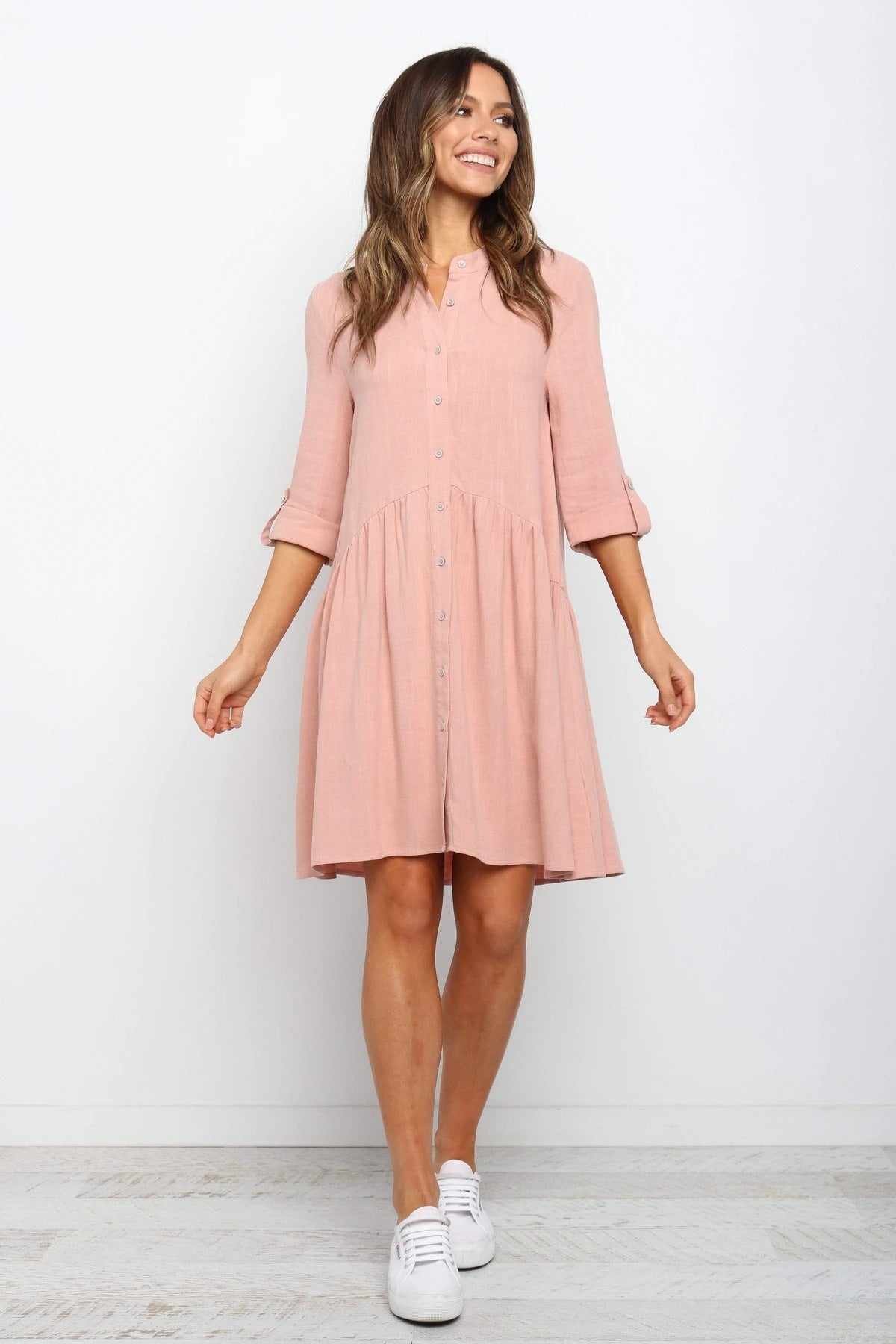 Comfy Vacation Single-Breasted Long Sleeve Mini Dresses