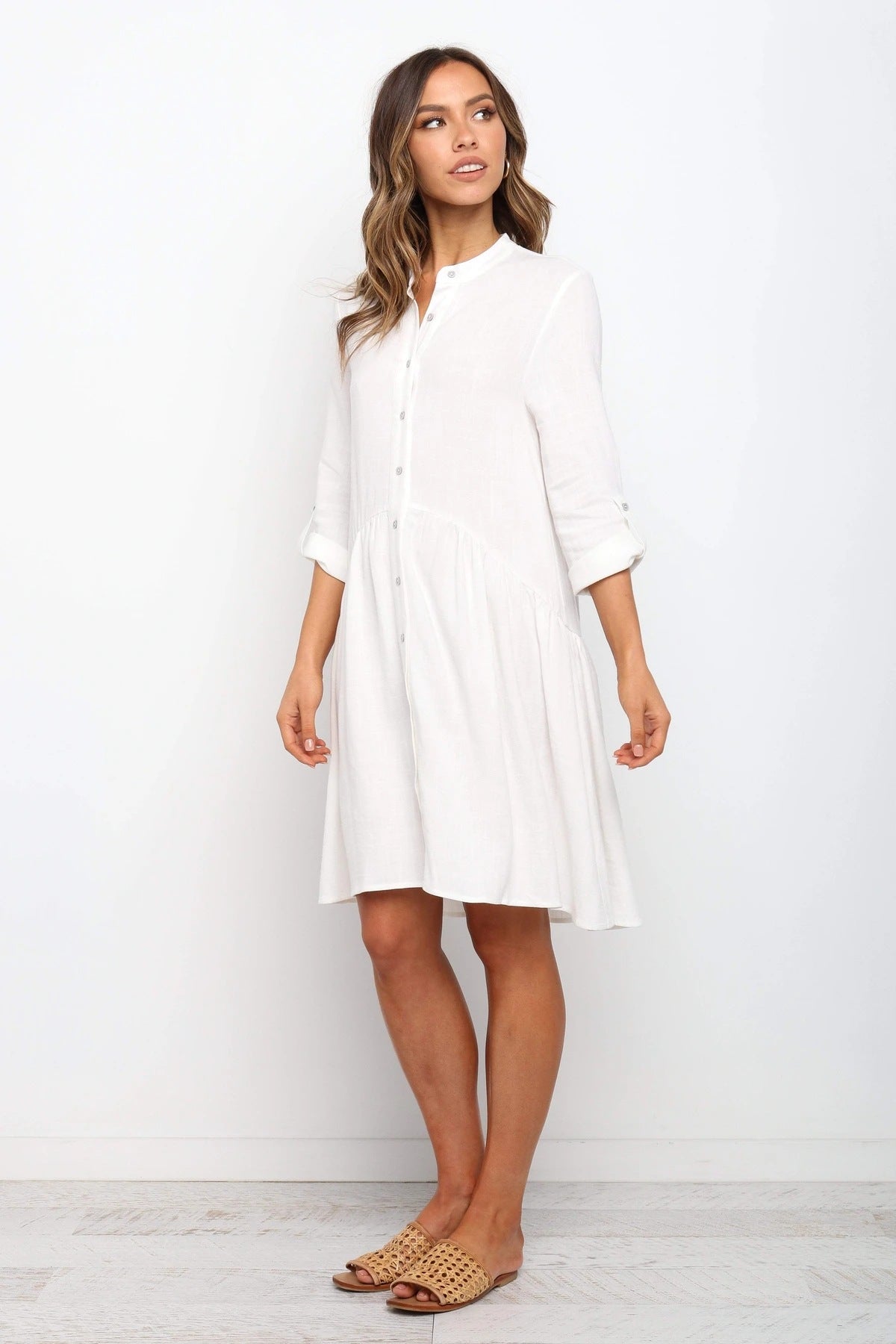 Comfy Vacation Single-Breasted Long Sleeve Mini Dresses