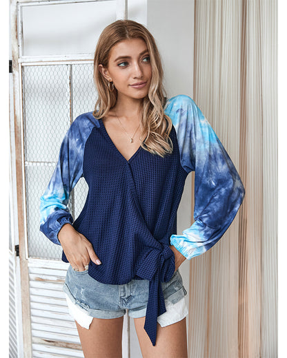 Tie-dye V-neck Cross Strappy Casual Tops